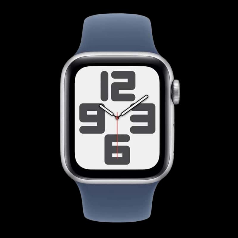 Apple Watch SE (2024), 44 мм корпус из алюминия цвета «Silver», ремешок Sport Band размера M/L цвета «Denim»
