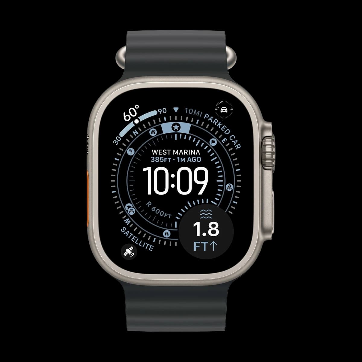 Apple Watch Ultra 3 (2025), 49 мм корпус из титана цвета «Natural», ремешок Ocean Band цвета «Black»