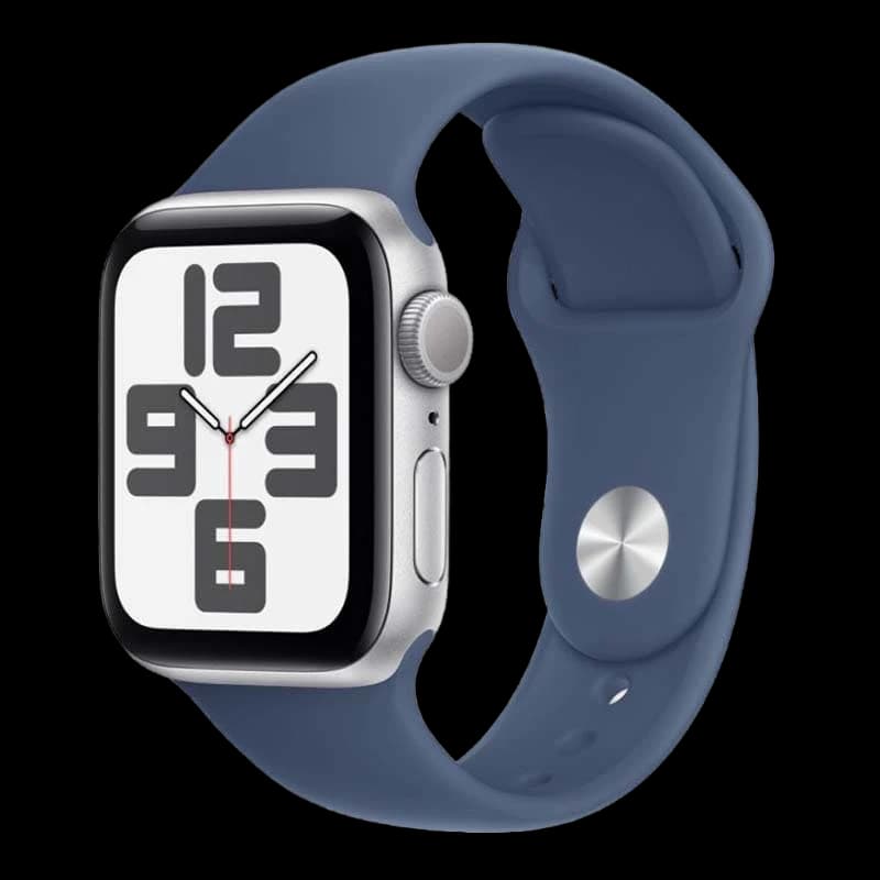 Apple Watch SE (2024), 40 мм корпус из алюминия цвета «Silver», ремешок Sport Band размера S/M цвета «Denim»