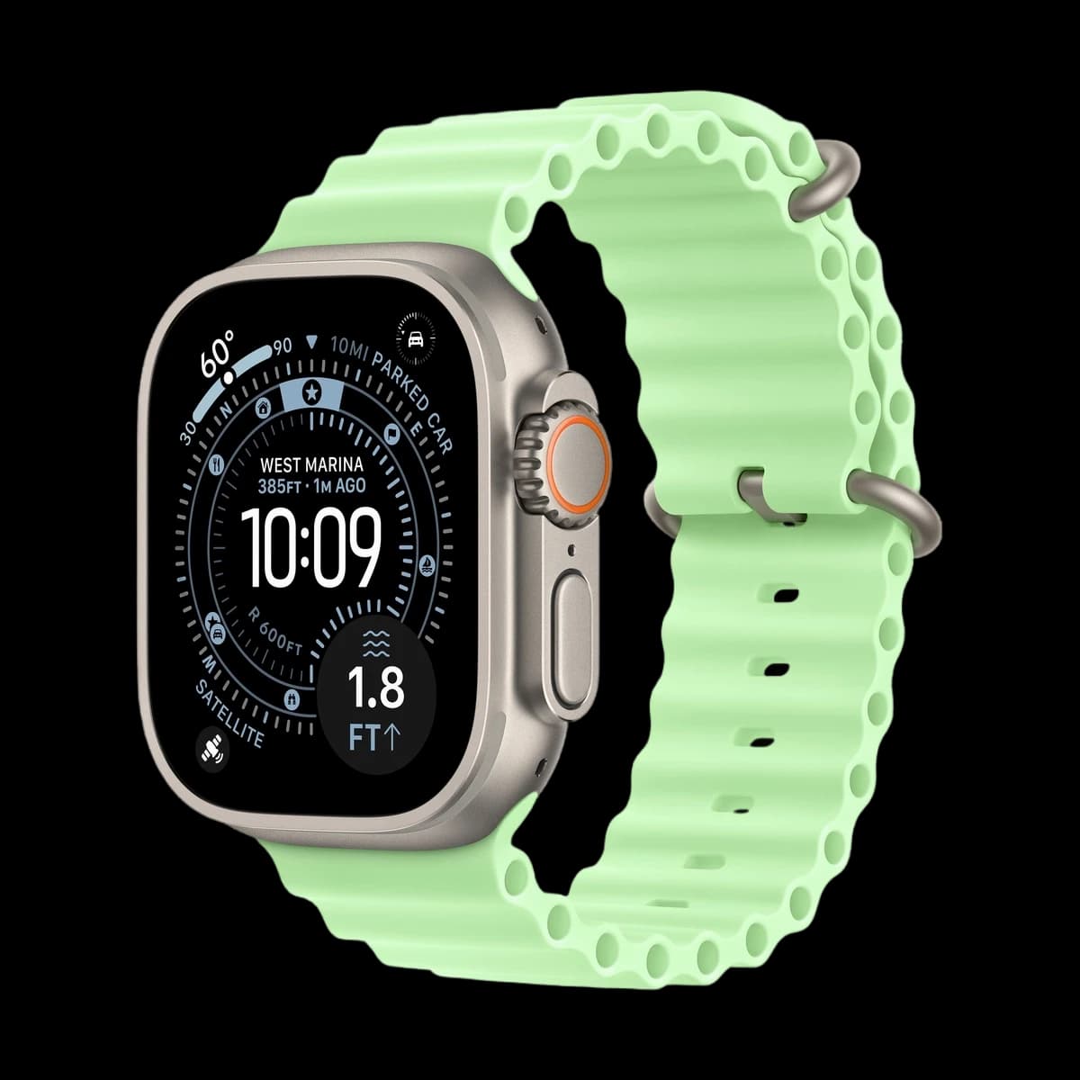 Apple Watch Ultra 3 (2025), 49 мм корпус из титана цвета «Natural», ремешок Ocean Band цвета «Neon Green»