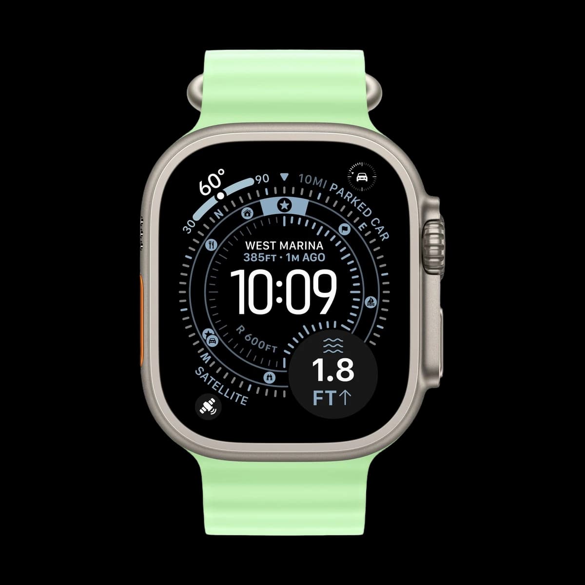 Apple Watch Ultra 3 (2025), 49 мм корпус из титана цвета «Natural», ремешок Ocean Band цвета «Neon Green»