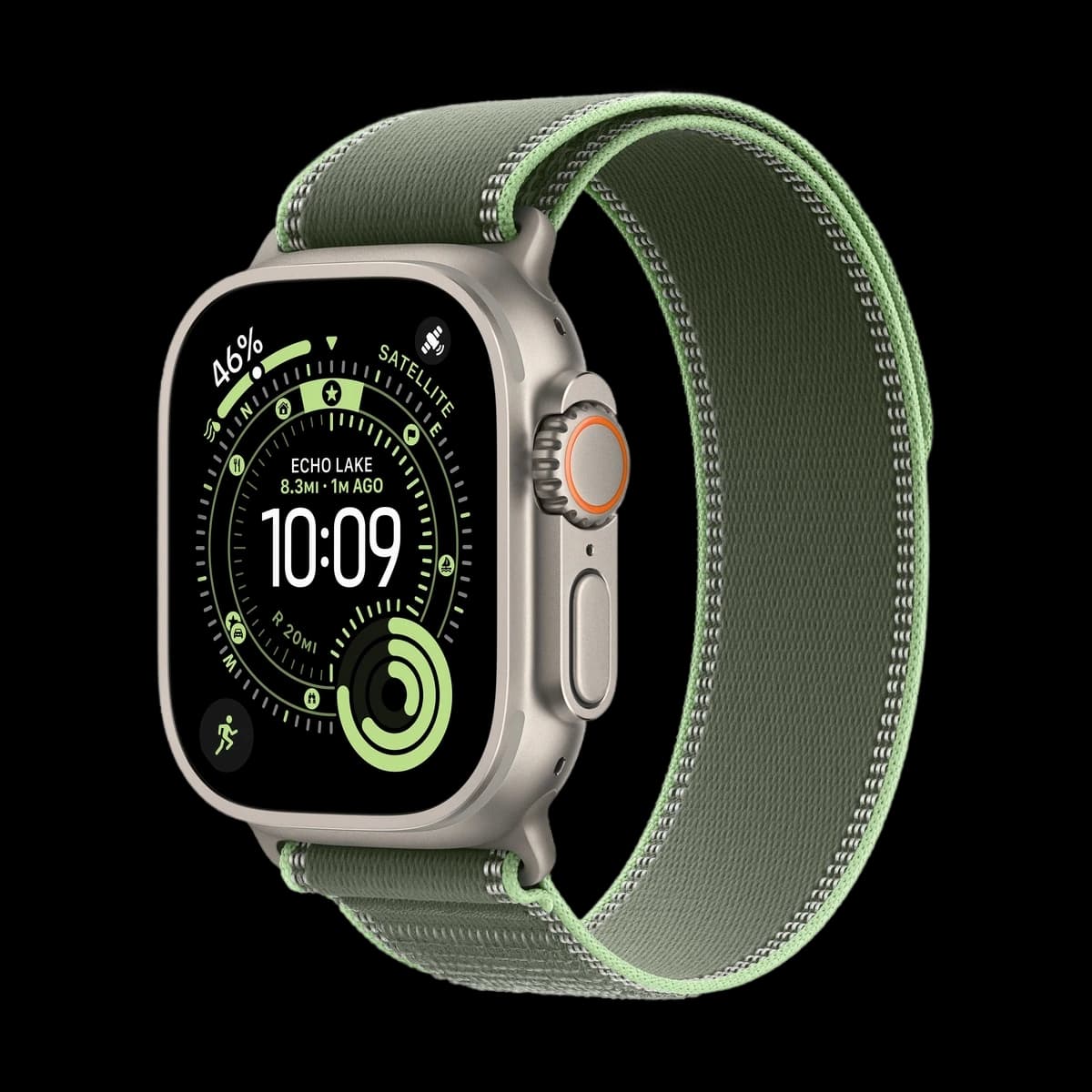 Apple Watch Ultra 3 (2025), 49 мм корпус из титана цвета «Natural», ремешок Trail Loop размера M/L цвета «Green/Neon»