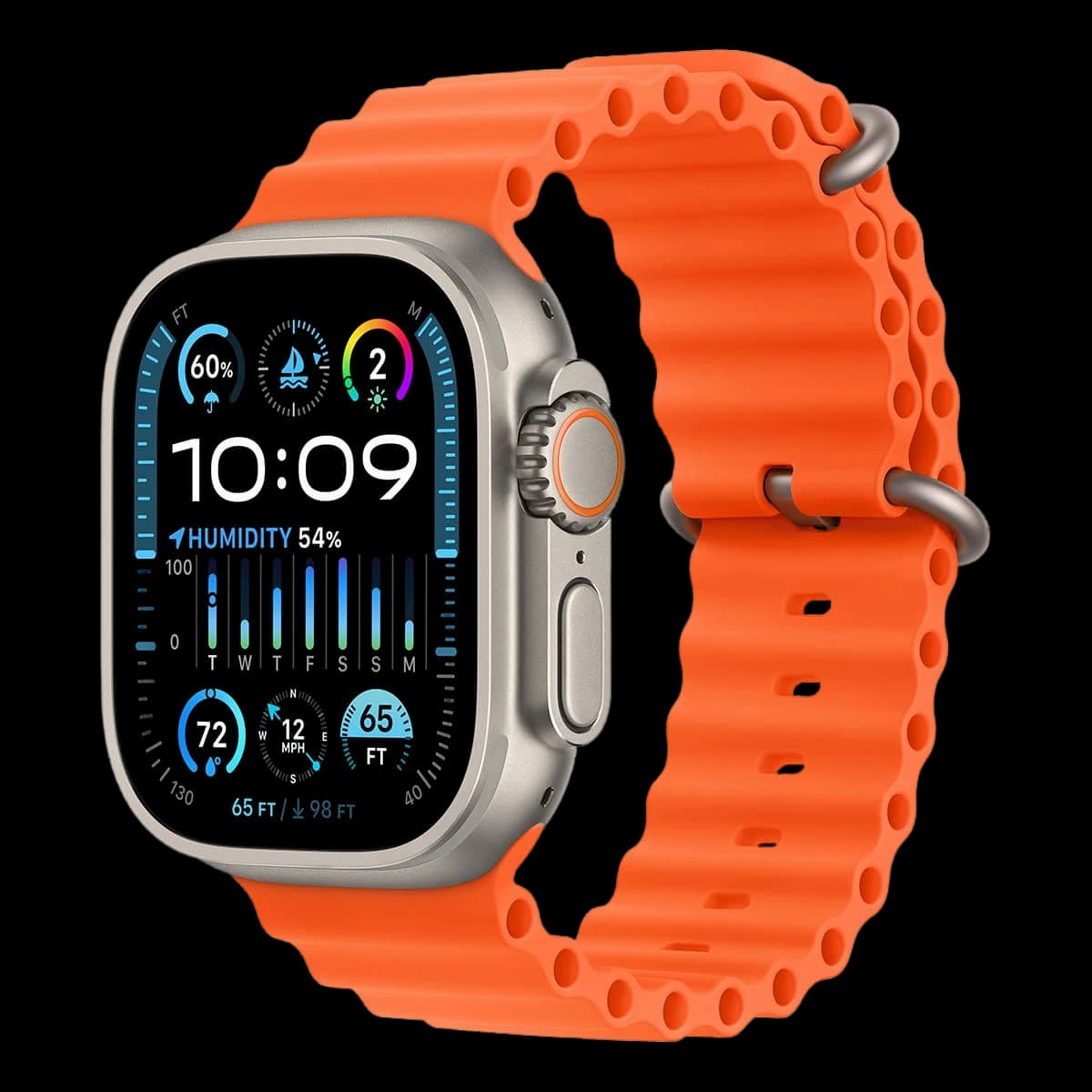 Apple Watch Ultra 2 (2023), 49 мм корпус из титана цвета «Natural», ремешок Ocean Band цвета «Orange»