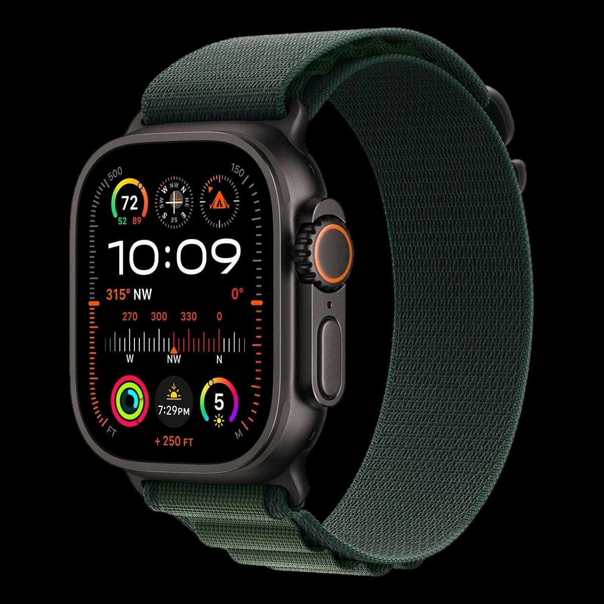 Apple Watch Ultra 2 (2024), 49 мм корпус из титана цвета «Black», ремешок Alpine Loop размера L цвета «Dark Green»